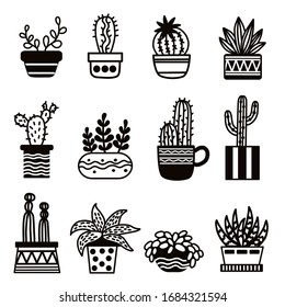 Vector drawings of cacti. Various linear cacti and succulents in flower pots and cups. Black-white vector illustration.