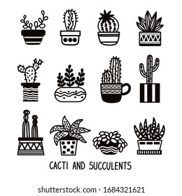 Vector drawings of cacti. Various linear cacti and succulents in flower pots and cups. Black-white vector illustration.