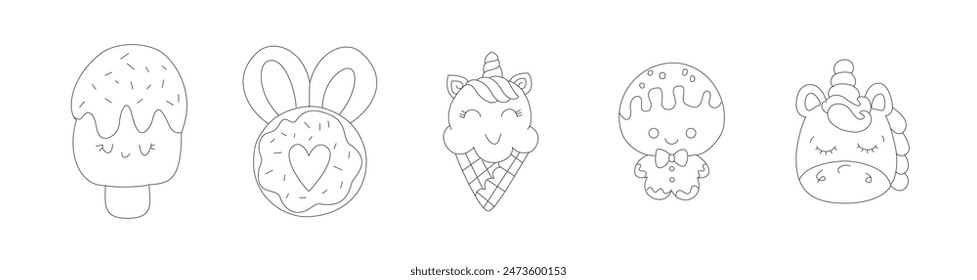 Vector drawings for children. Colouring. Print on clothes. Print on children's accessory. Children's rubber bands, hairpins. Children's images. Ice cream. Unicorn. Gingerbread. Cake. Sweets for baby.