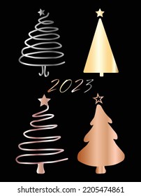 Dibujos vectores de árboles de Navidad. Plata de oro, oro de rosa de bronce. Gráficos vectoriales. Imágenes para invitaciones, postales, banners, calendarios, folletos.