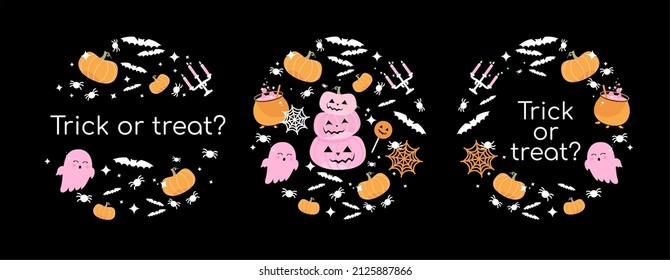 vector drawings in a circle with cool pink ghosts and halloween decorations with a place for a logo or an inscription
