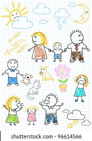 Vector drawings - conflicts within the family, parents quarrel. Sketch on notebook page