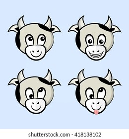 vector drawings of cows with different facial expressions. Thoughtful, funny, crazy