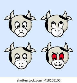 vector drawings of cows with different facial expressions. Thoughtful, sadness, anger