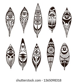Vector Drawings of Decorative Ethnic Feathers with Eyes and Tribal Ornament