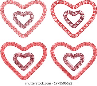 Vector drawings of decorative heart shapes from meanders ornaments