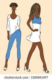 Vector drawings of fashionable slender girls in summer dress and jeans