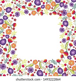vector drawings of floral square frame with leaves and cute flowers on a white background