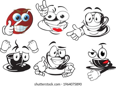 Vector drawings of funny coffee cups. Perfect for printing on T-shirts, posters, wallpaper, wall murals, cups, glasses,  banners, roll-up and other printable materials. Eps, vector.