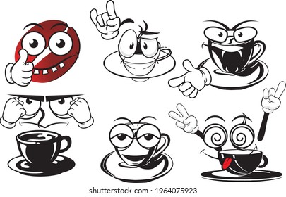 Vector drawings of funny coffee cups. Perfect for printing on T-shirts, posters, wallpaper, wall murals, cups, glasses,  banners, roll-up and other printable materials. Eps, vector.