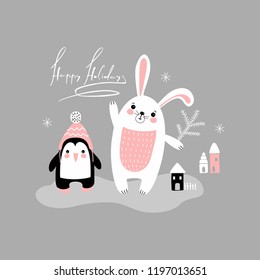 vector drawings funny hares penguins with gifts and trees for the winter holidays with the inscription