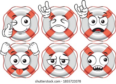 Vector drawings of funny lifebuoy mascot. Perfect for printing on T-shirts, posters, wallpaper, wall murals, cups, glasses, sun loungers, banners, roll-ups, exhibition walls and other printable materi