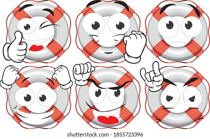 Vector drawings of funny lifebuoy mascot. Perfect for printing on T-shirts, posters, wallpaper, wall murals, cups, glasses, sun loungers, banners, roll-ups, exhibition walls and other printable materi