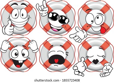 Vector drawings of funny lifebuoy mascot. Perfect for printing on T-shirts, posters, wallpaper, wall murals, cups, glasses, sun loungers, banners, roll-ups, exhibition walls and other printable materi