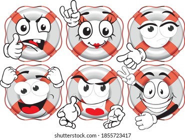 Vector drawings of funny lifebuoy mascot. Perfect for printing on T-shirts, posters, wallpaper, wall murals, cups, glasses, sun loungers, banners, roll-ups, exhibition walls and other printable materi