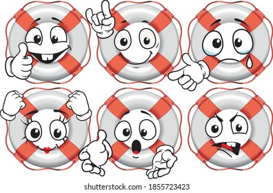 Vector drawings of funny lifebuoy mascot. Perfect for printing on T-shirts, posters, wallpaper, wall murals, cups, glasses, sun loungers, banners, roll-ups, exhibition walls and other printable materi