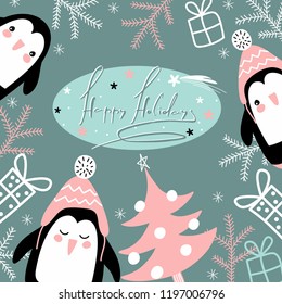 vector drawings funny penguins with gifts and trees for the winter holidays with the inscription