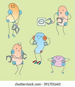 vector drawings of funny robots men with different emotions on a light background