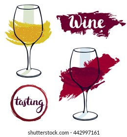 Vector drawings of glasses with red and white wine, with brush strokes imitating watercolor; handwritten words 'wine' and 'tasting' in brush pen lettering; burgundy ring; set of design elements