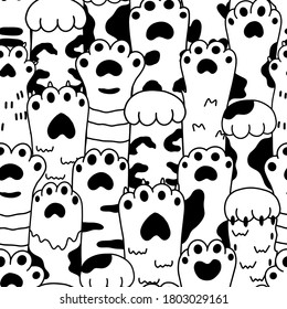 Vector drawings graphics black sketch paw pets seamless pattern. Collection of various cute cartoon domestic animal foot isolated on white background. Funny fur pet dangerous claws