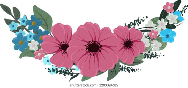 vector drawings of half round wreath with leaves and cute flowers, floral frame svg