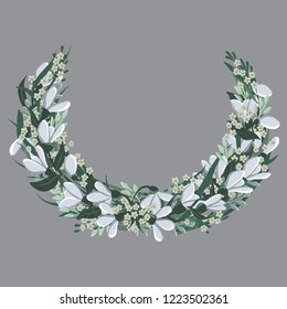 vector drawings of halfround wreath with leaves and bellflowers, floral frame