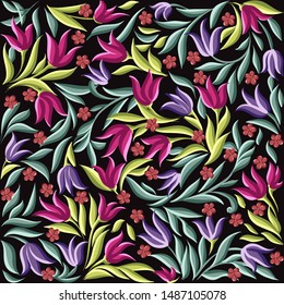 vector drawings of handdrawn floral pattern with leaves and cute wild flowers on a black background