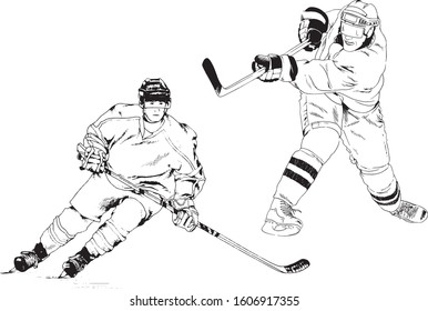 vector drawings of hockey players, in different poses, with sticks, drawn by hand.