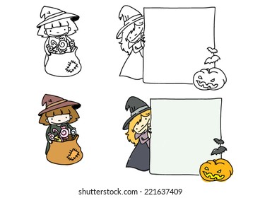 Vector drawings, kids playing, halloween theme.  Picture frame borders, for party invitations