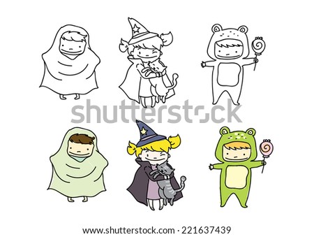 Vector Drawings Kids Playing Halloween Theme Vector Drawings Kids Playing Halloween Theme