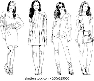 vector drawings on the theme of beautiful slim sporty girl in casual clothes in various poses painted ink hand sketch with no background