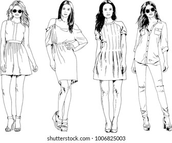vector drawings on the theme of beautiful slim sporty girl in casual clothes in various poses painted ink hand sketch with no background