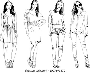 vector drawings on the theme of beautiful slim sporty girl in casual clothes in various poses painted ink hand sketch with no background