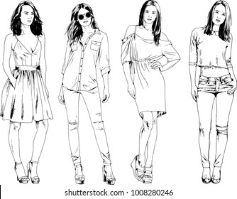 vector drawings on the theme of beautiful slim sporty girl in casual clothes in various poses painted ink hand sketch with no background