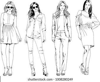vector drawings on the theme of beautiful slim sporty girl in casual clothes in various poses painted ink hand sketch with no background