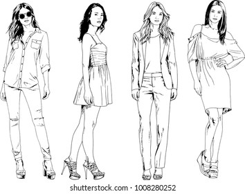 vector drawings on the theme of beautiful slim sporty girl in casual clothes in various poses painted ink hand sketch with no background
