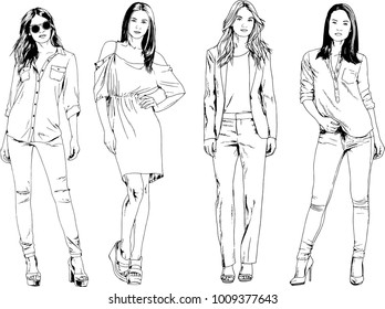 vector drawings on the theme of beautiful slim sporty girl in casual clothes in various poses painted ink hand sketch with no background