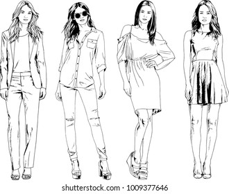 vector drawings on the theme of beautiful slim sporty girl in casual clothes in various poses painted ink hand sketch with no background
