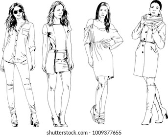 vector drawings on the theme of beautiful slim sporty girl in casual clothes in various poses painted ink hand sketch with no background