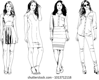vector drawings on the theme of beautiful slim sporty girl in casual clothes in various poses painted ink hand sketch with no background