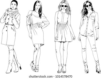 vector drawings on the theme of beautiful slim sporty girl in casual clothes in various poses painted ink hand sketch with no background