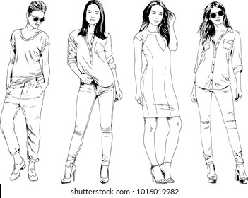 vector drawings on the theme of beautiful slim sporty girl in casual clothes in various poses painted ink hand sketch with no background