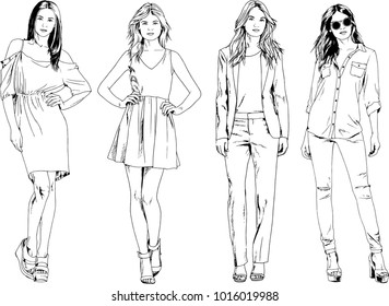 vector drawings on the theme of beautiful slim sporty girl in casual clothes in various poses painted ink hand sketch with no background