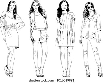 vector drawings on the theme of beautiful slim sporty girl in casual clothes in various poses painted ink hand sketch with no background