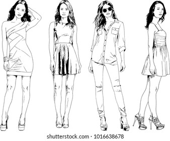 vector drawings on the theme of beautiful slim sporty girl in casual clothes in various poses painted ink hand sketch with no background
