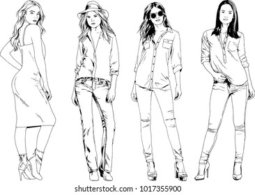 vector drawings on the theme of beautiful slim sporty girl in casual clothes in various poses painted ink hand sketch with no background