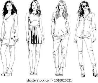 vector drawings on the theme of beautiful slim sporty girl in casual clothes in various poses painted ink hand sketch with no background