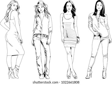 vector drawings on the theme of beautiful slim sporty girl in casual clothes in various poses painted ink hand sketch with no background