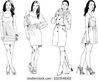 vector drawings on the theme of beautiful slim sporty girl in casual clothes in various poses painted ink hand sketch with no background