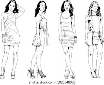 vector drawings on the theme of beautiful slim sporty girl in casual clothes in various poses painted ink hand sketch with no background